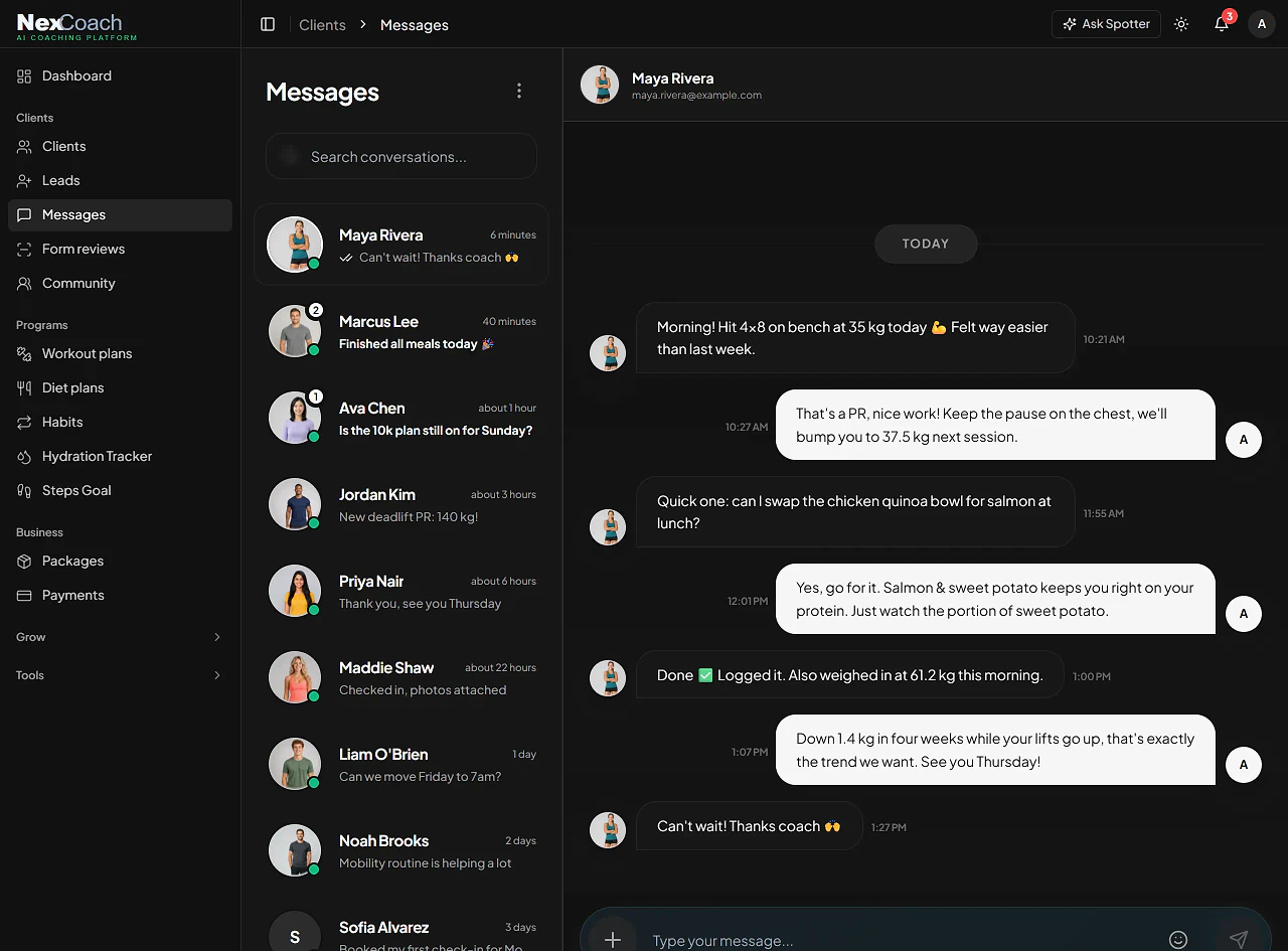 NexCoach chat with a client conversation and the list of client threads