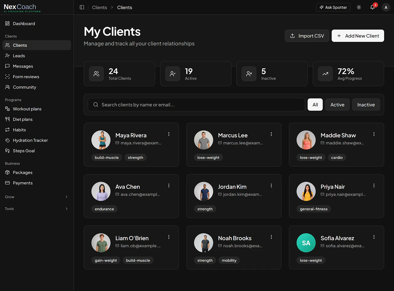 NexCoach trainer dashboard showing a coach's client list