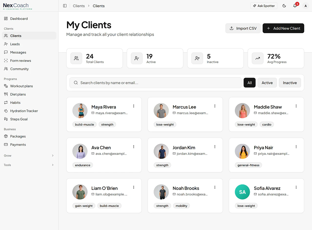 NexCoach trainer dashboard showing a coach's client list