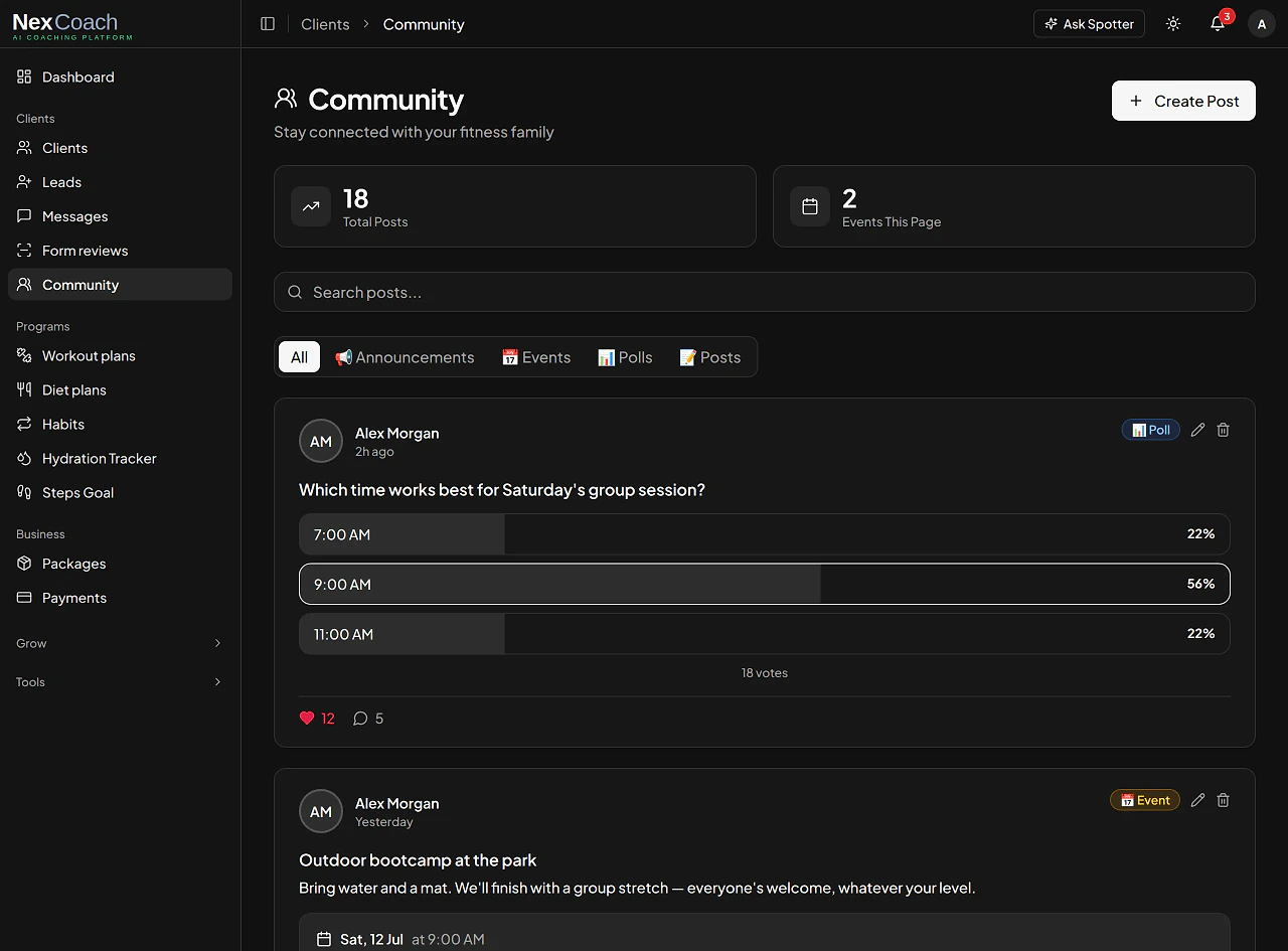NexCoach community feed with a poll and an upcoming event
