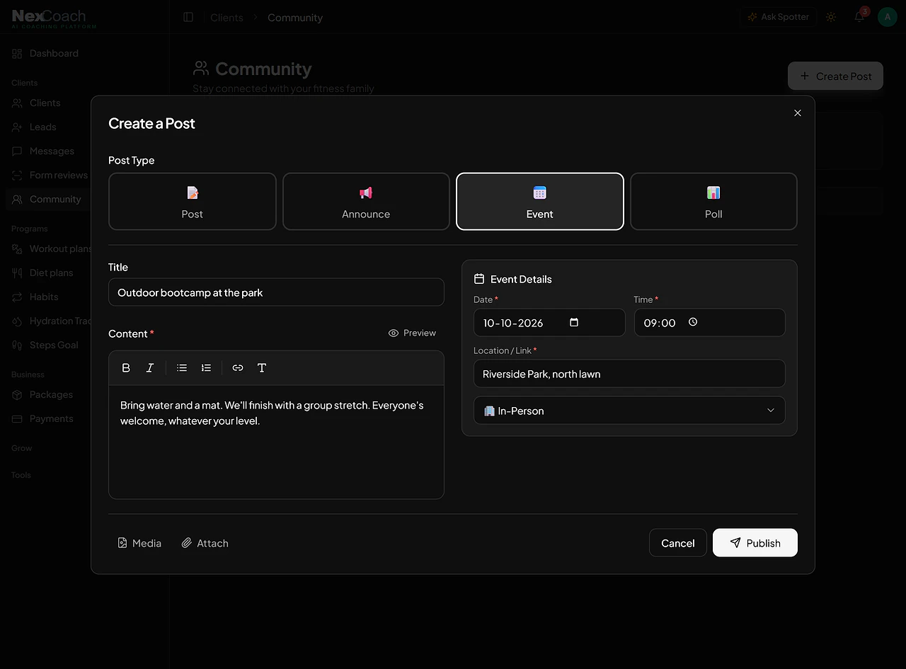 NexCoach Create a Post dialog set up as an event with a date, time and location