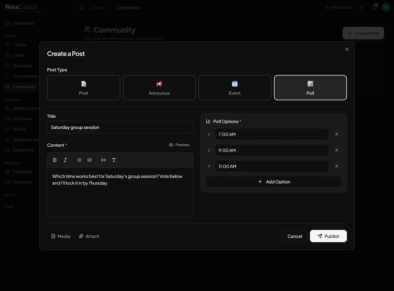NexCoach Create a Post dialog set up as a poll with three time options
