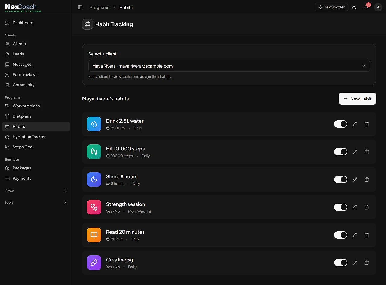 NexCoach habit tracking for a client, with daily habits for water, steps, sleep, strength sessions, reading and creatine