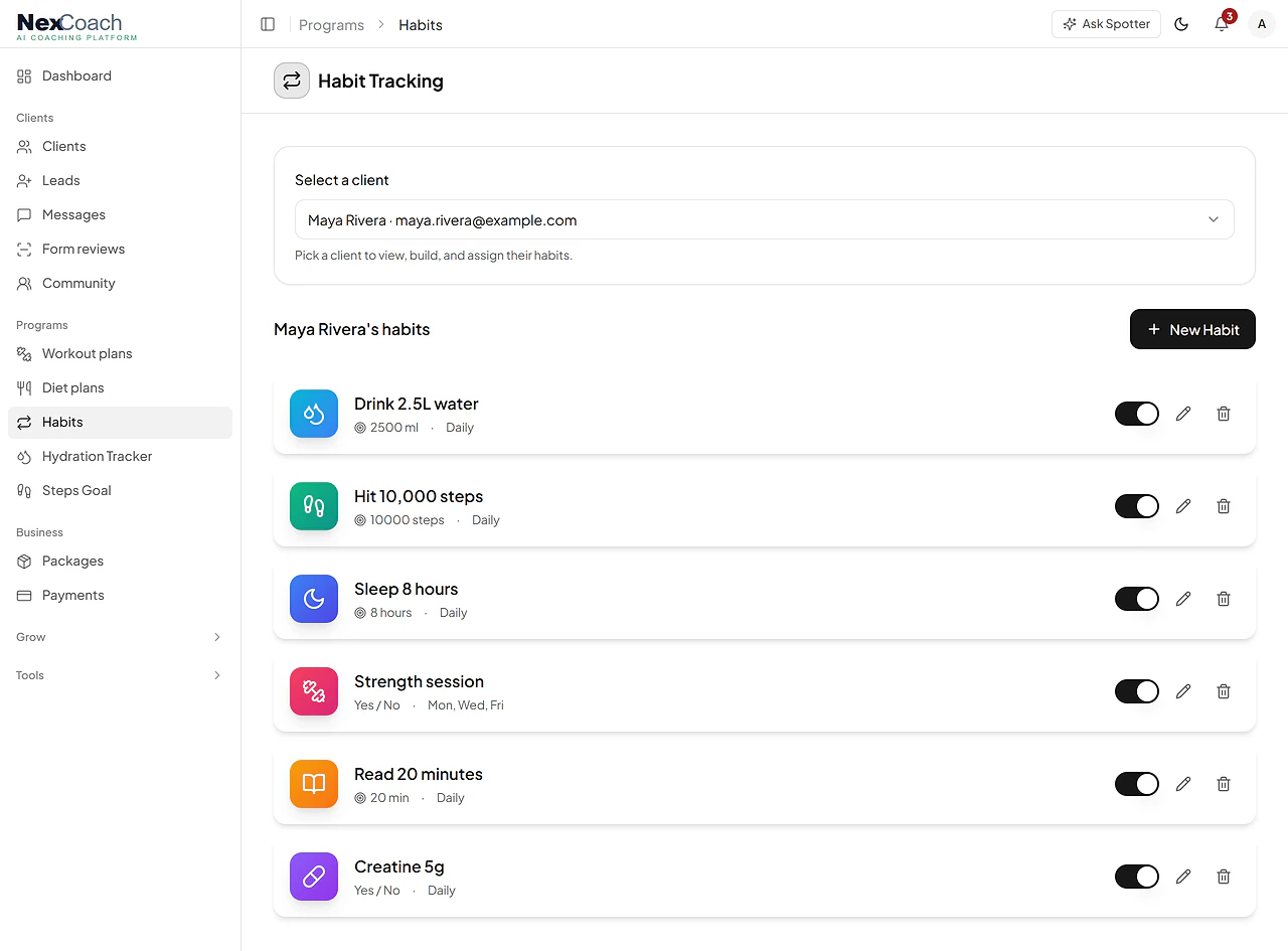 Maya's habits in the trainer's Habit Tracking page: water, steps, sleep, strength sessions, reading and creatine
