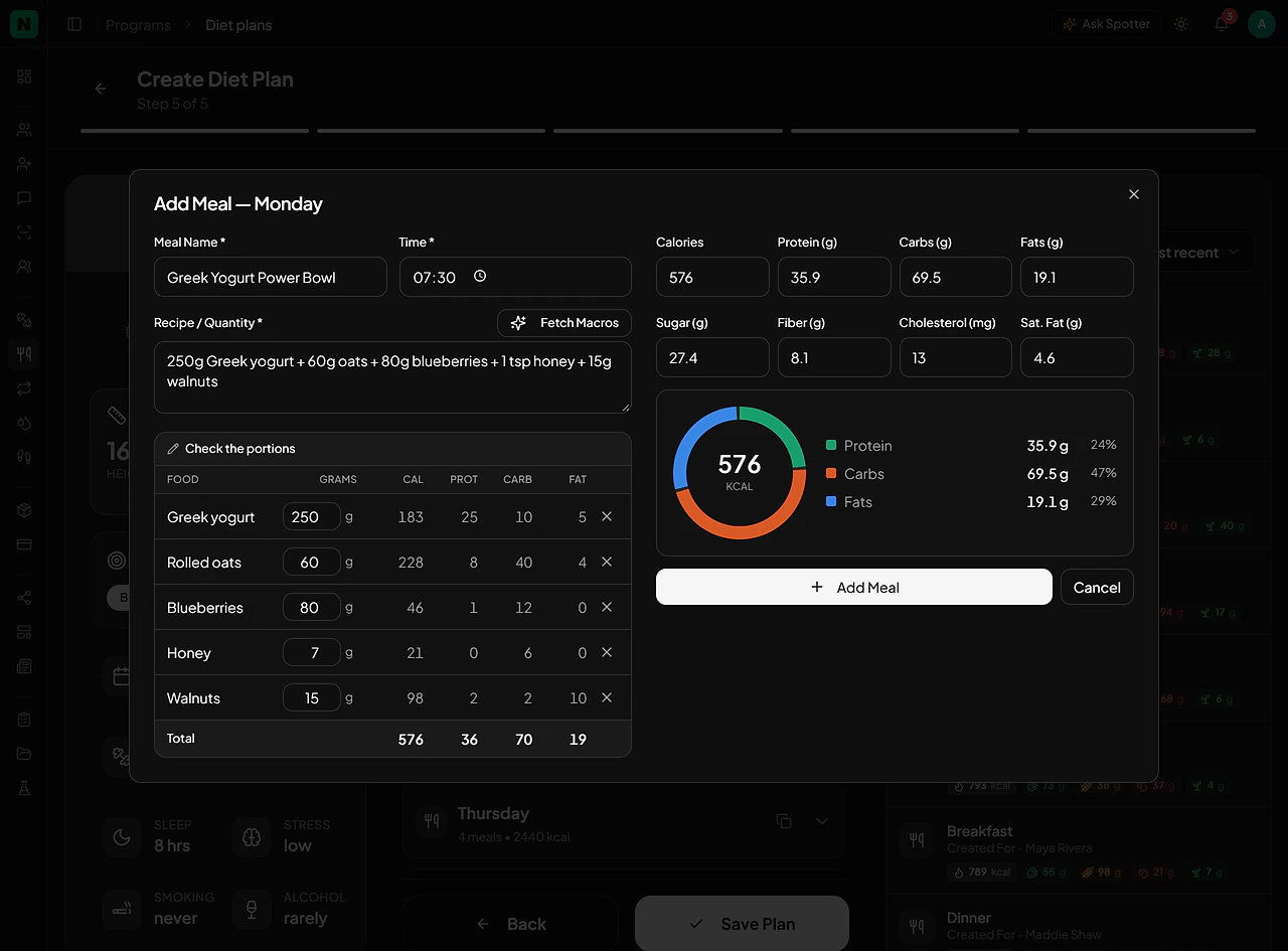 NexCoach Add Meal dialog with a recipe, the AI-fetched calories, macros and micronutrients, and a per-ingredient portion check