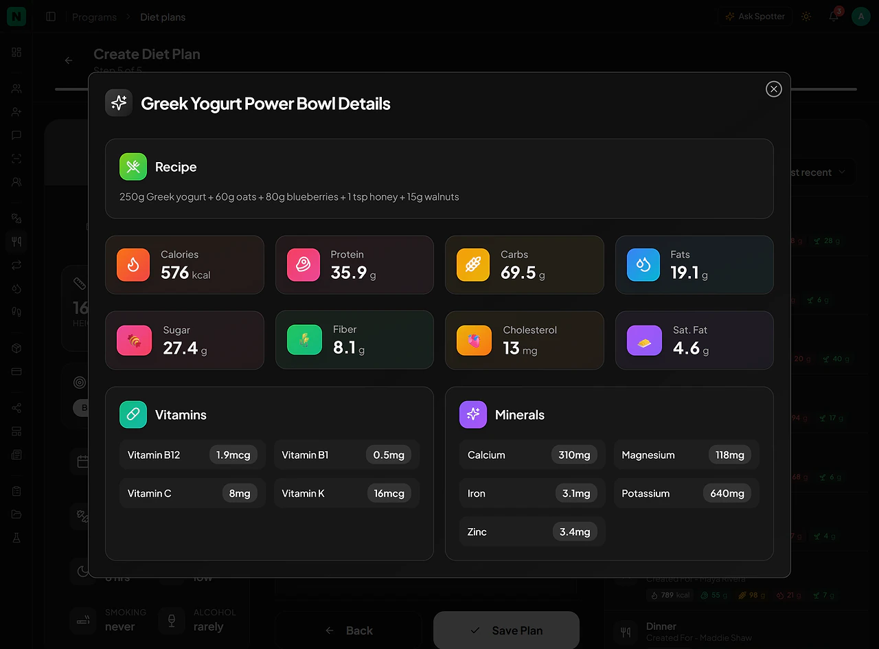 NexCoach meal details with a recipe, calories, protein, carbs, fats, sugar, fiber, vitamins and minerals