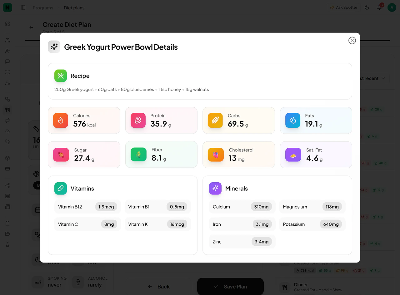 Meal details in the diet builder: the recipe; calories, protein, carbs and fats; sugar, fiber, cholesterol and saturated fat; vitamins and minerals