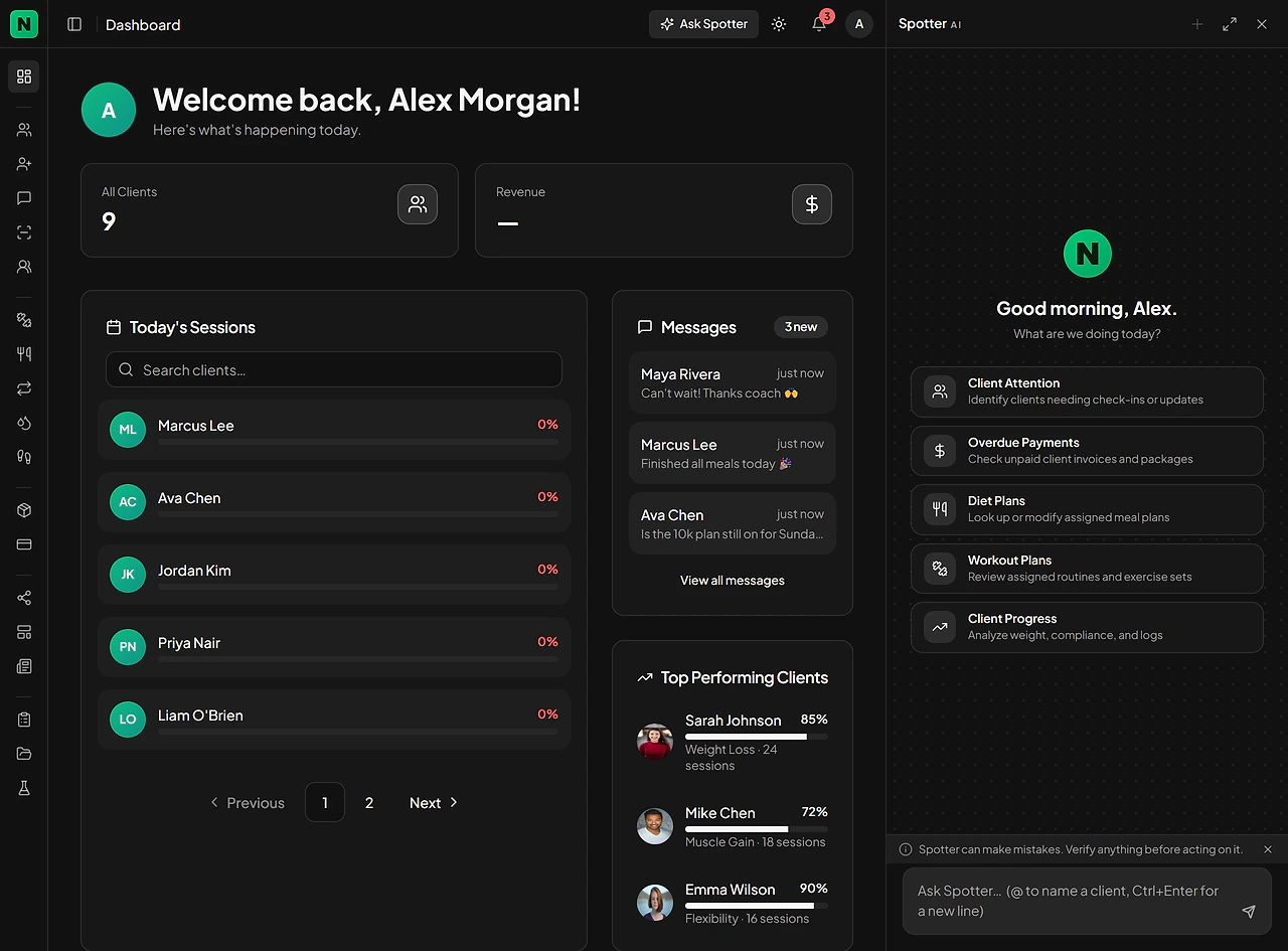 The Spotter side panel open over the dashboard with its greeting and suggested topics: client attention, overdue payments, diet plans, workout plans and client progress