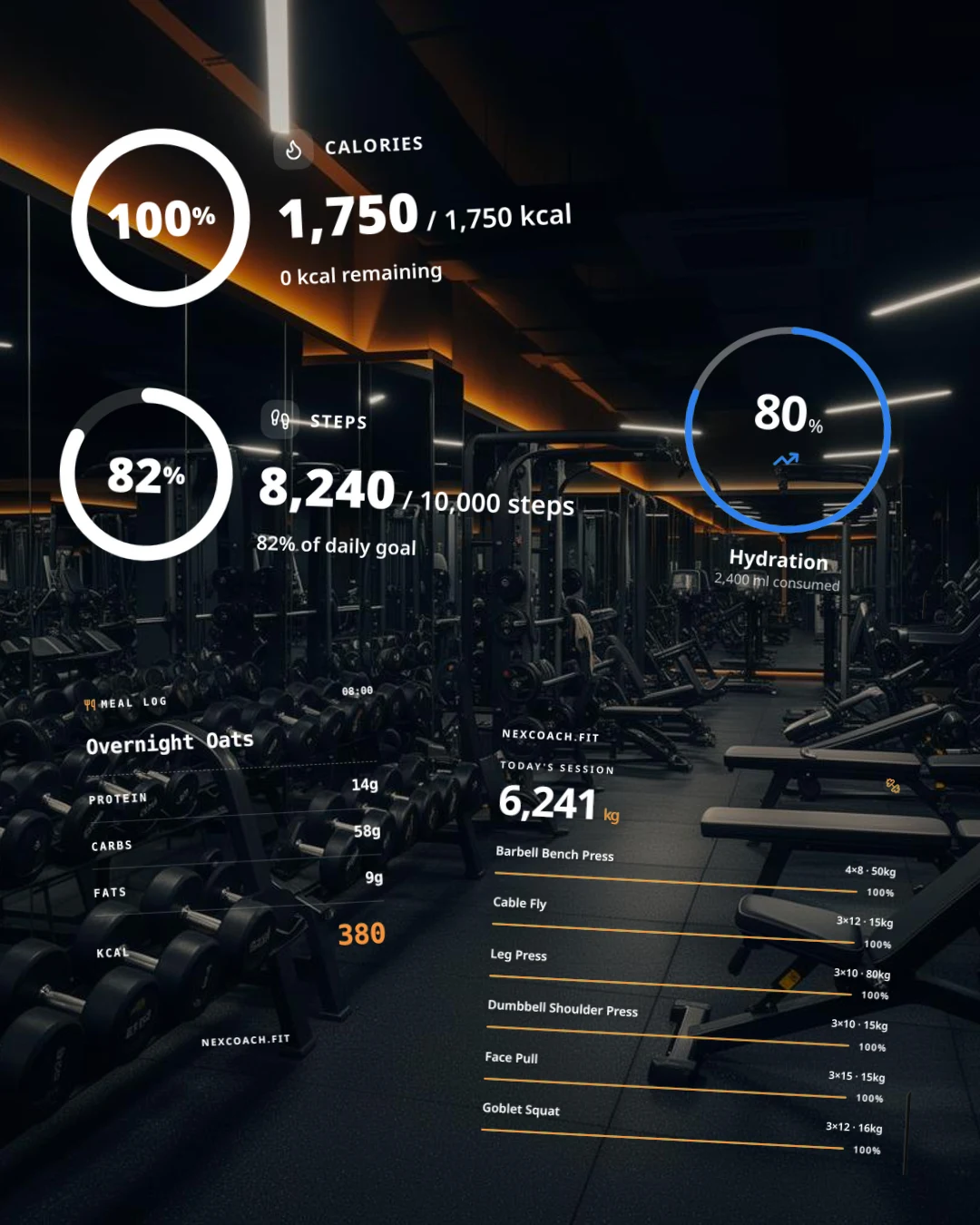 Five NexCoach stickers on a gym photo: calories, steps, water, a meal and a workout session