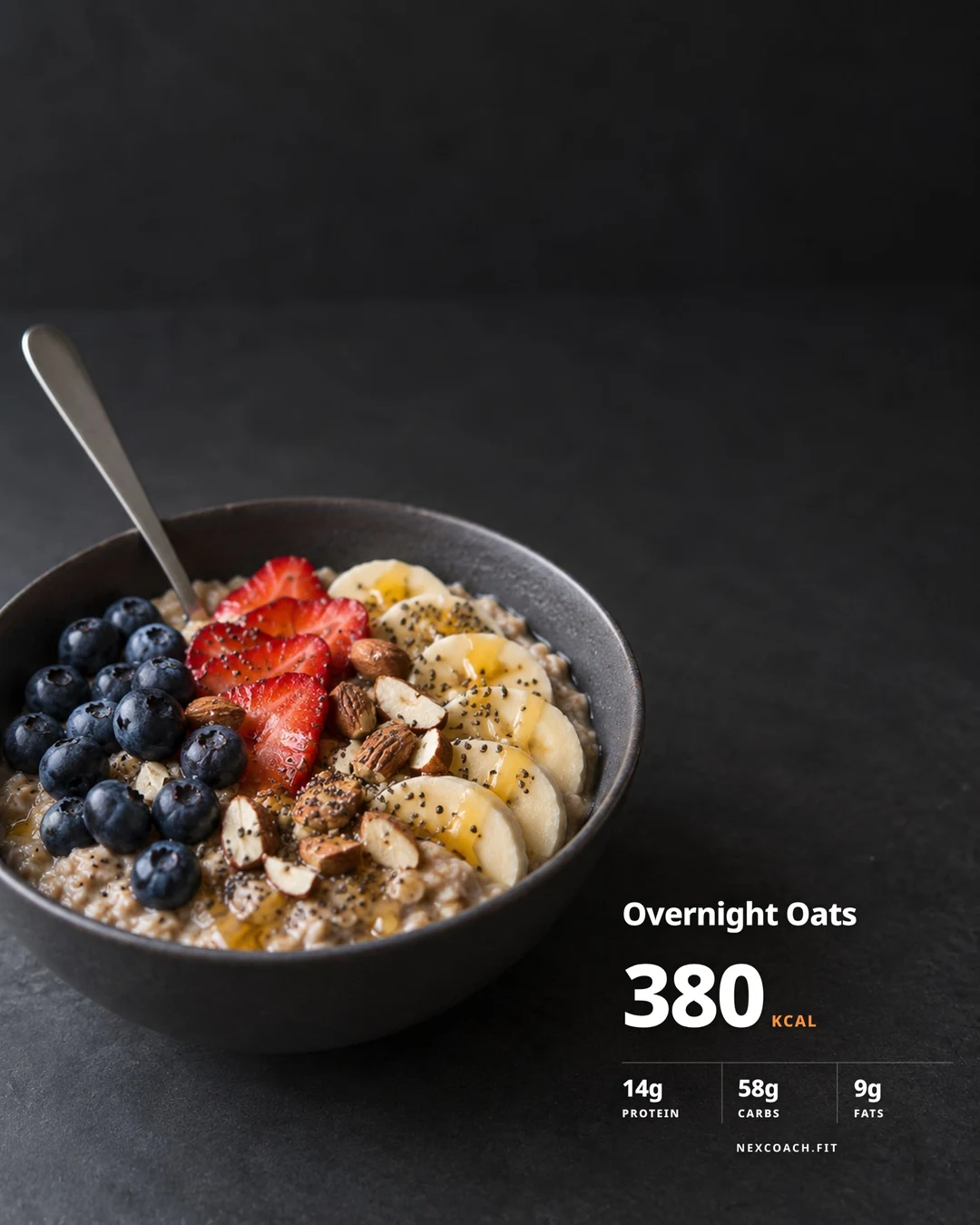 A bowl of overnight oats with a NexCoach meal sticker: 380 kcal, 14 grams of protein, 58 of carbs and 9 of fats