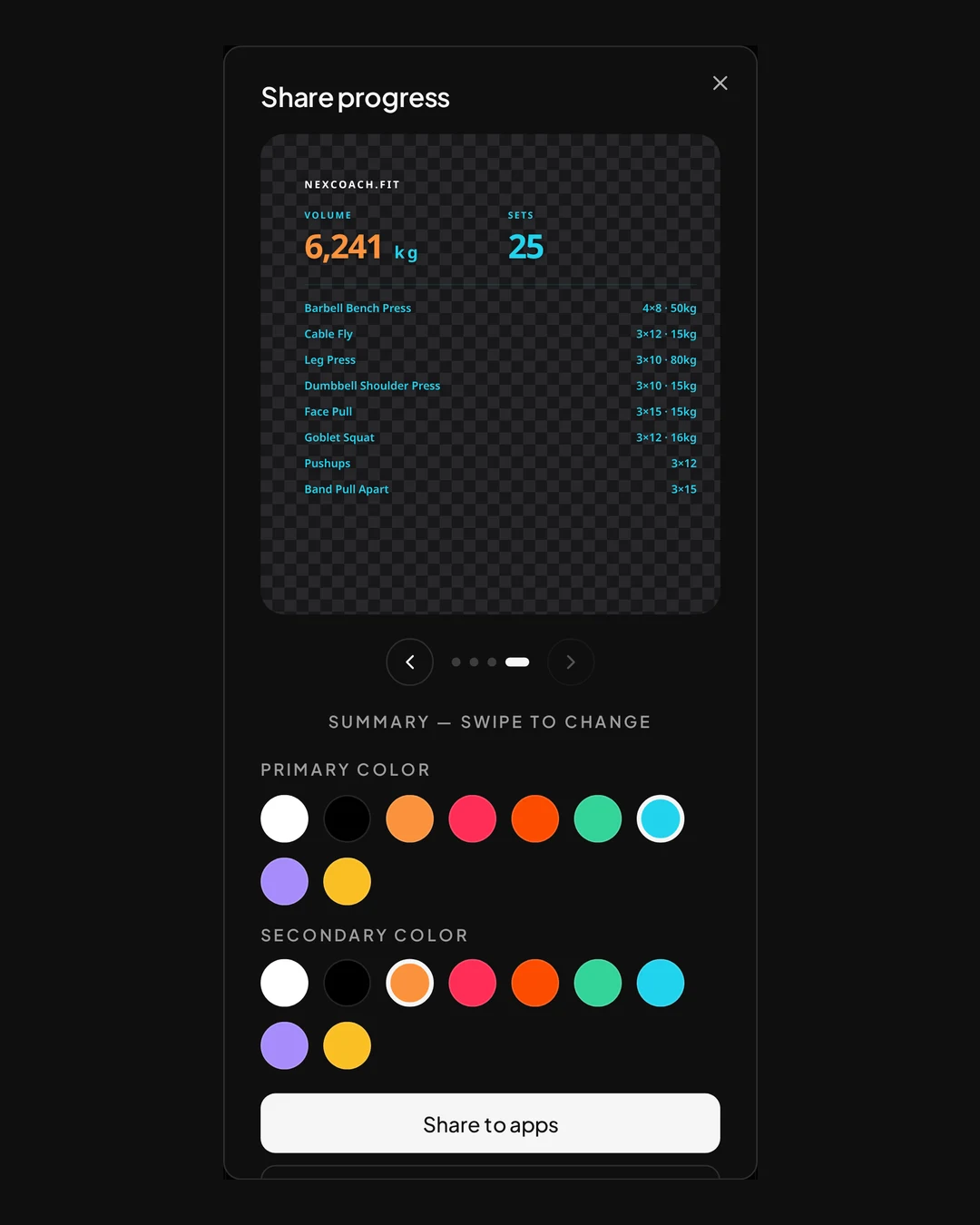 The Share progress dialog on a phone: a sticker preview on a transparent grid, arrows to swipe between designs, colour choices and a Share to apps button