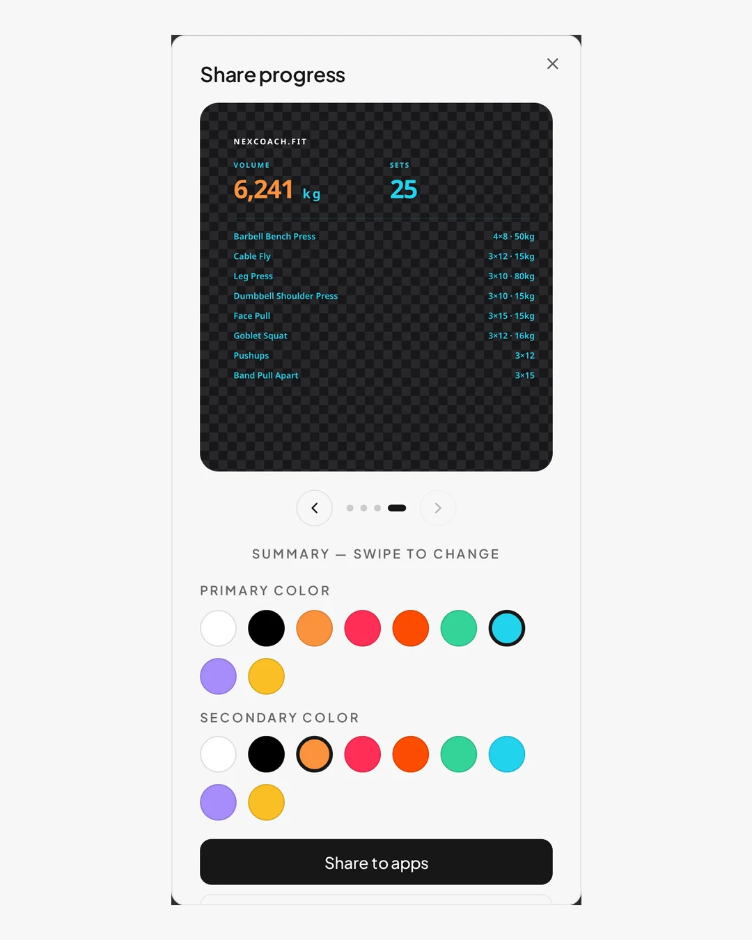 The Share progress dialog on a phone: a sticker preview on a transparent grid, arrows to swipe between designs, colour choices and a Share to apps button