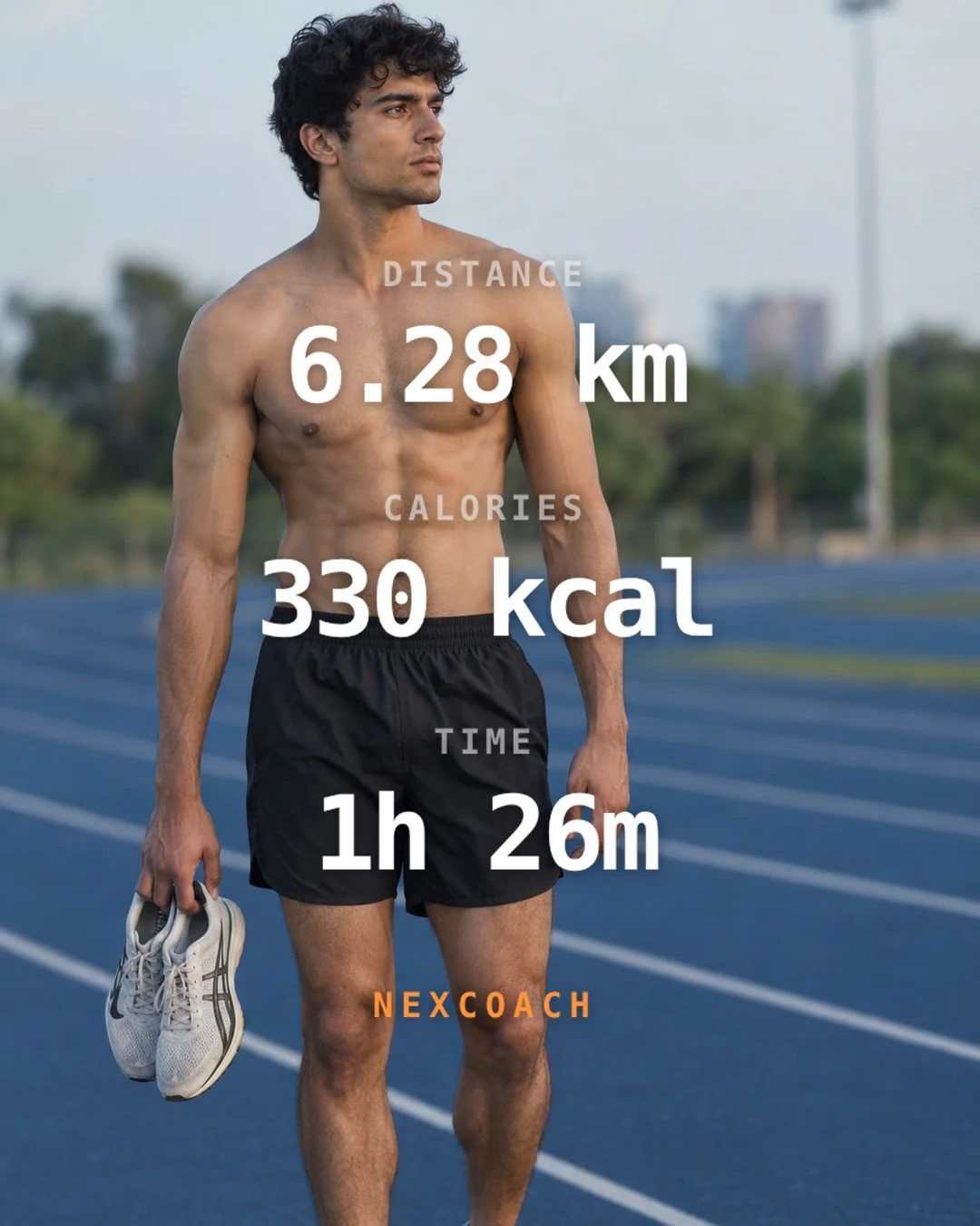 A runner holding his shoes on a track, with a large NexCoach sticker over him showing 6.28 km, 330 kcal and 1 hour 26 minutes