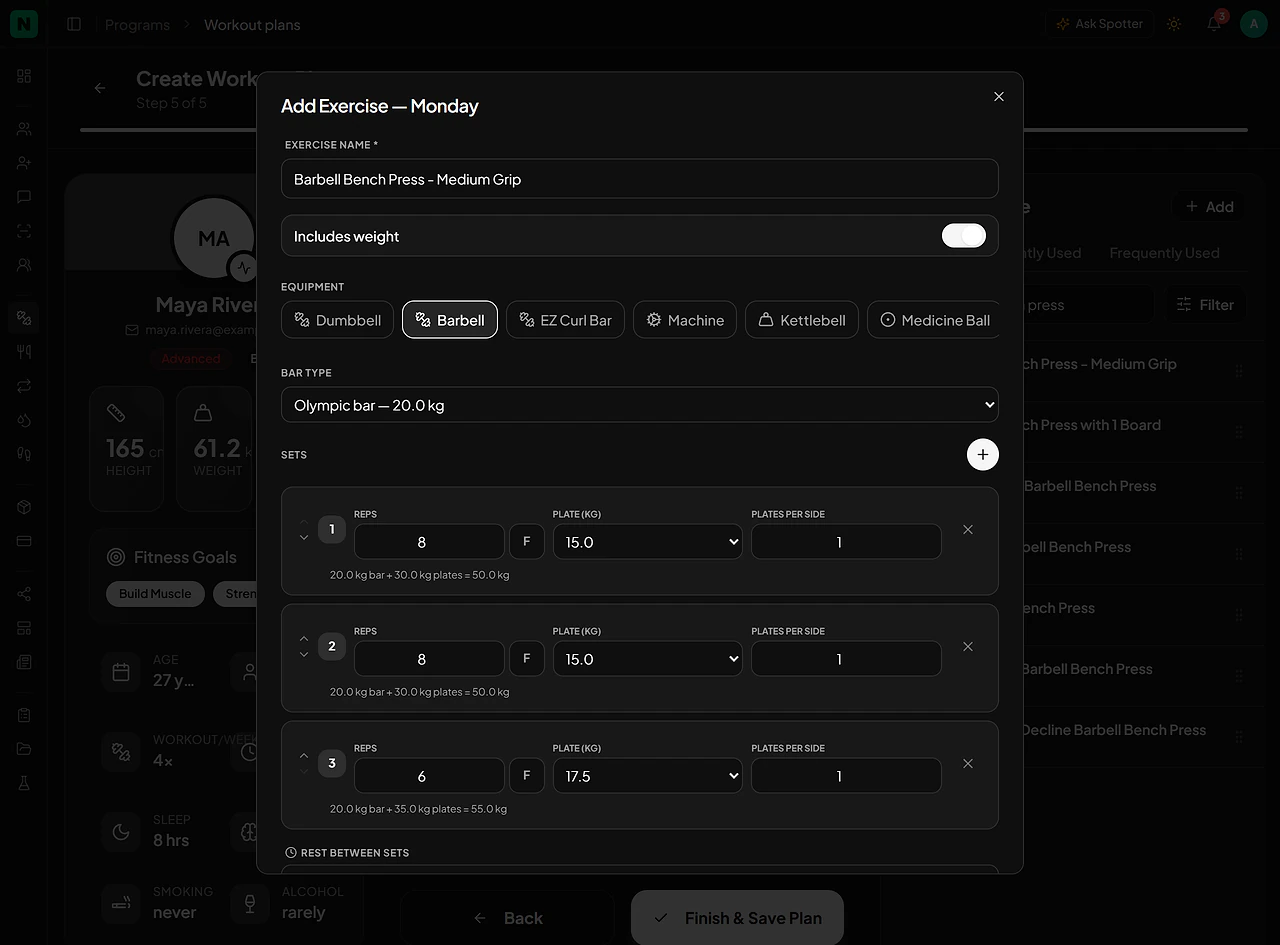 NexCoach Add Exercise dialog with a barbell bench press, three sets of reps and plates, and the bar and plate totals