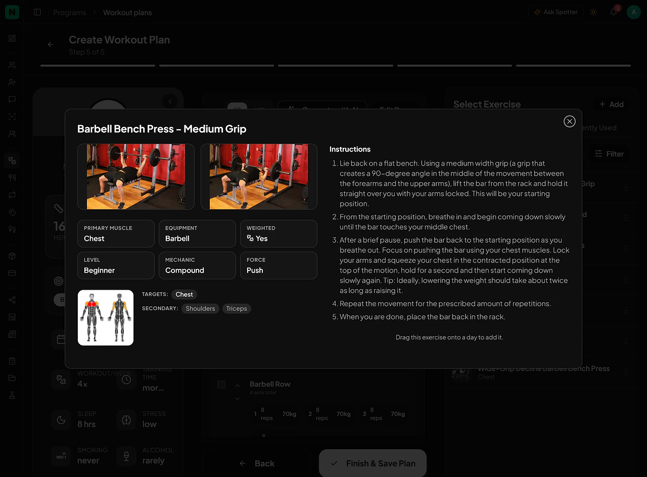NexCoach exercise details with demo photos, primary muscle, equipment, level, the muscles worked and step-by-step instructions