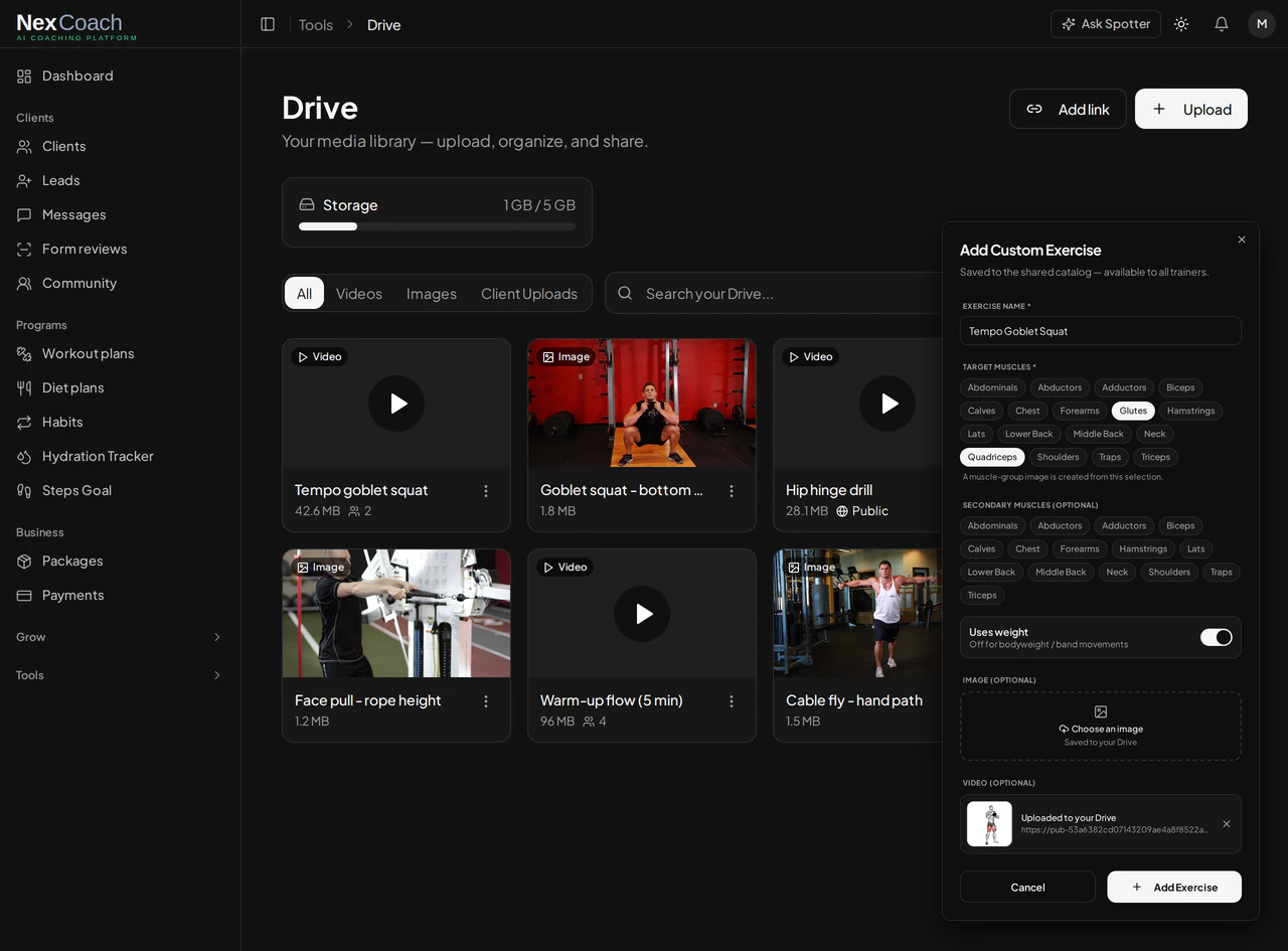 A custom exercise with the trainer's own demo video, uploaded to their Drive