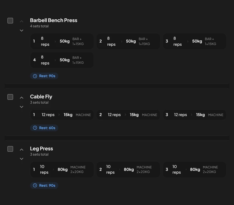 A barbell bench press with the bar and plates per side, and a plate-loaded leg press, in the workout builder