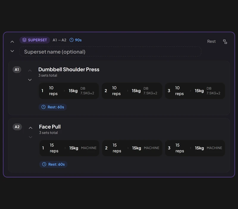 A superset of dumbbell shoulder press and face pull in the workout builder