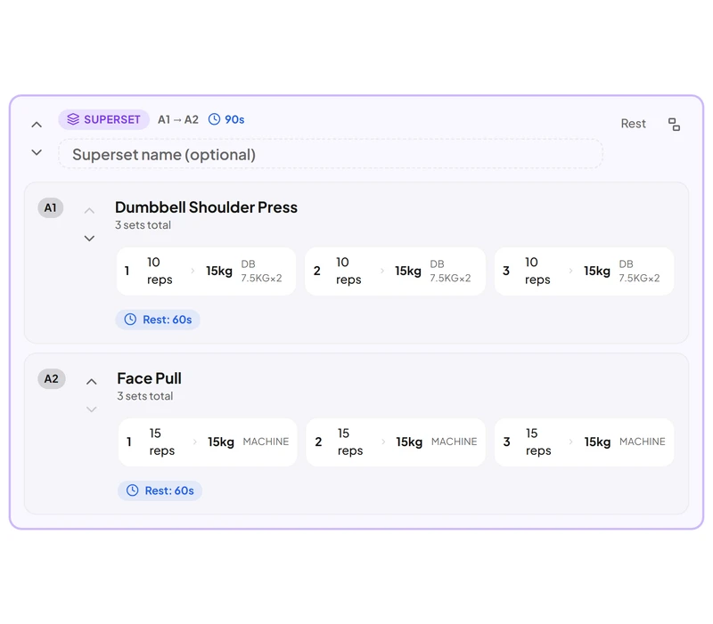 A superset of dumbbell shoulder press and face pull in the workout builder